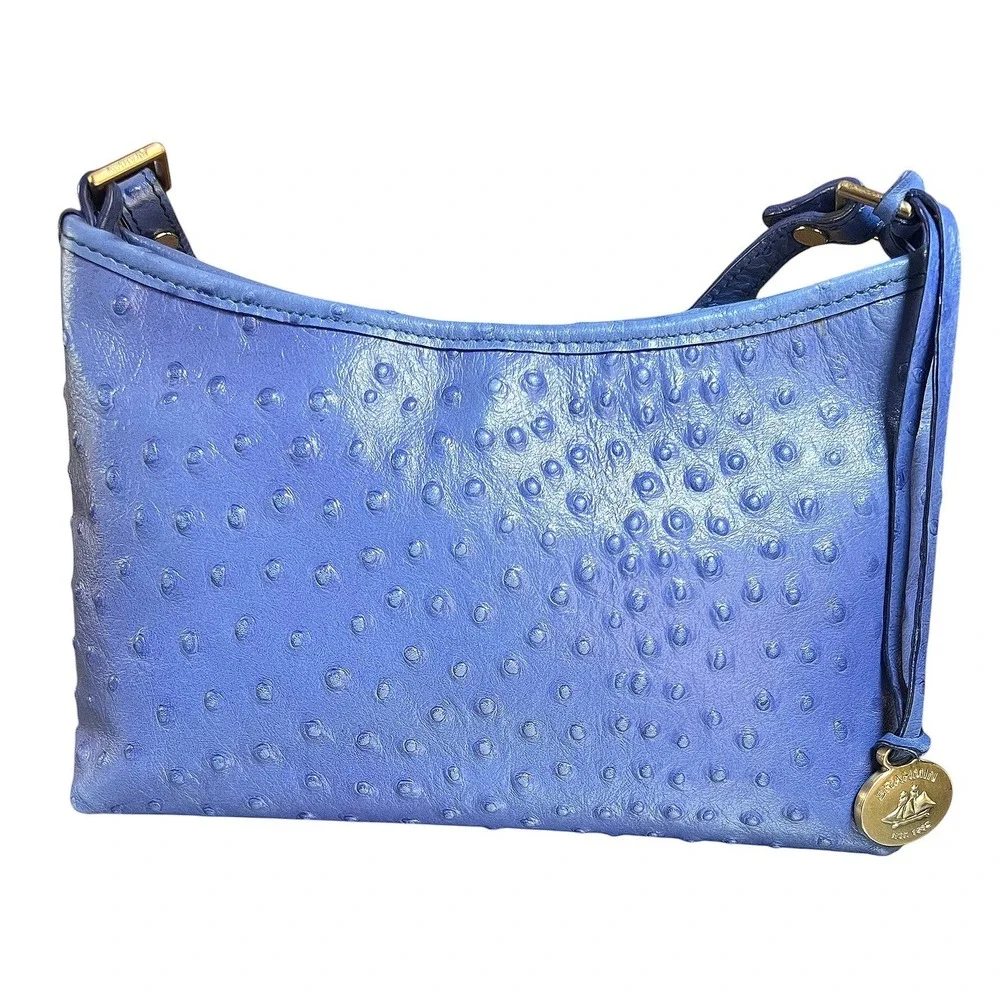 Brahmin Periwinkle Blue Ostrich Embossed Leather Small Shoulder Bag Gold Logo‎